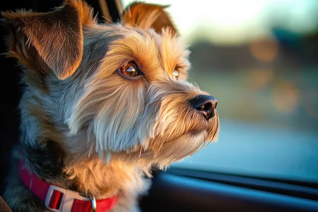 Small dog with red collar gazes out car window in warm sunlight
