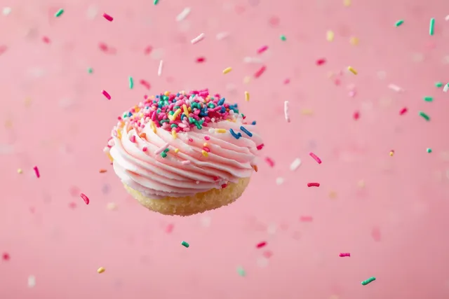 Vanilla cupcake with pink frosting floats on a pink background while colorful sprinkles scatter and fall.