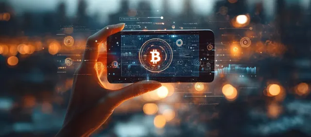 A hand holds a smartphone showing a glowing Bitcoin symbol with futuristic interface overlays over blurred city night lights.