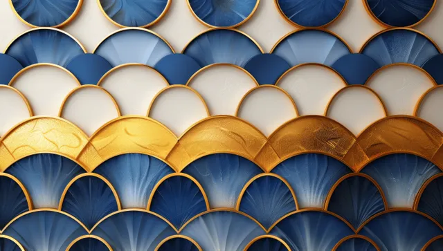 Seamless art deco pattern of repeating gold and blue fan shell arcs on a cream background.