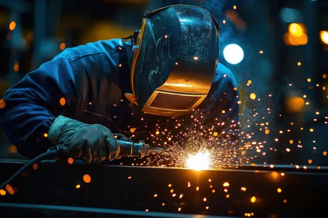 Welder in protective helmet and gloves sparks flying while welding steel in a dim workshop