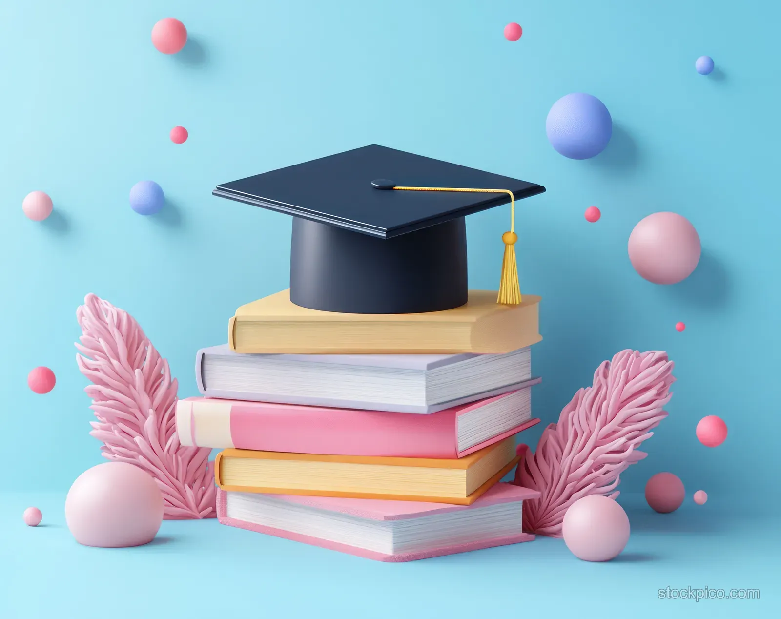 Graduation cap on stacked books with a gold tassel surrounded by floating pastel bubbles on a light blue background.