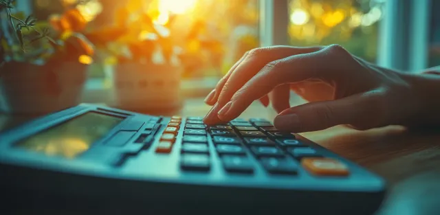 A hand taps calculator keys on a desk under warm office daylight with a blurred background.