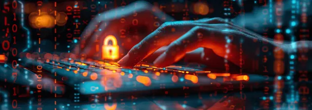 Hacker-style laptop network security scene with glowing digital padlock and cloud links