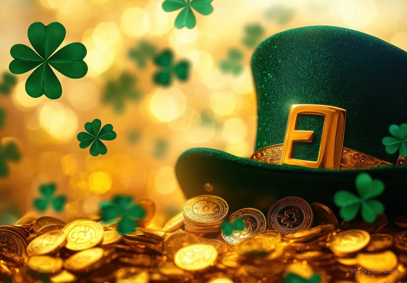 Green glitter hat with gold buckle rests on gold coins with floating four-leaf clovers against warm glowing bokeh.
