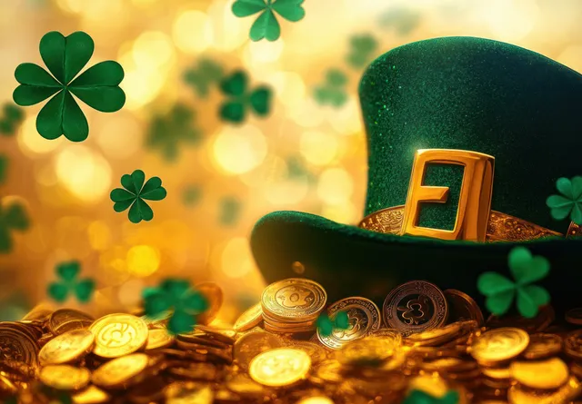 Green glitter hat with gold buckle rests on gold coins with floating four-leaf clovers against warm glowing bokeh.