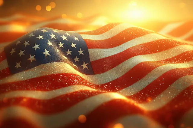 An American flag waves at sunset with golden light and drifting particles across textured fabric.