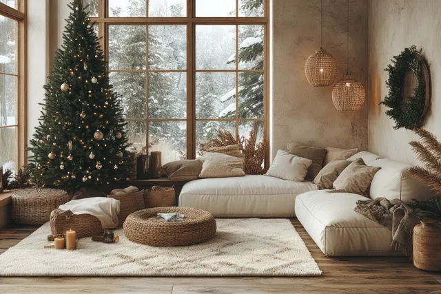 Cozy living room with a decorated Christmas tree, warm wooden decor, and light streaming through tall windows.