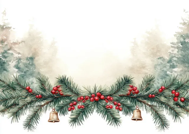 Pine garland with red berries and golden bells over blurred winter forest