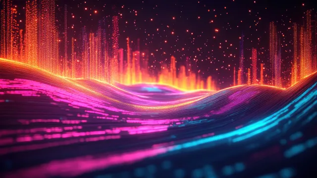 Neon abstract background with flowing data waves, network lines, and glowing particles in deep perspective.