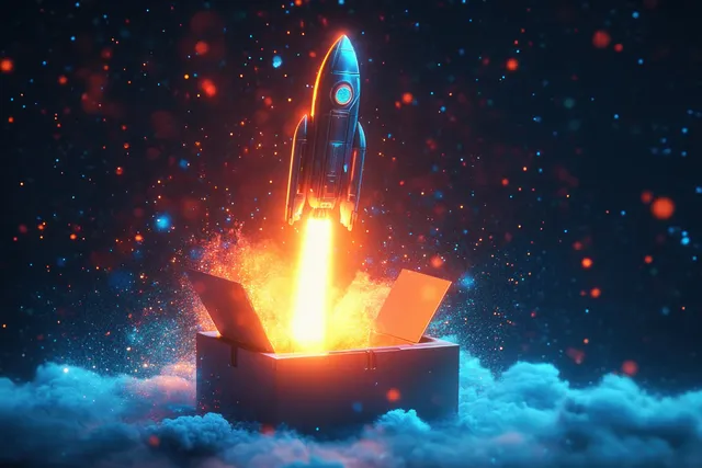 A rocket shoots upward from a glowing open box above cloudy skies with fiery flames and sparkling particles.
