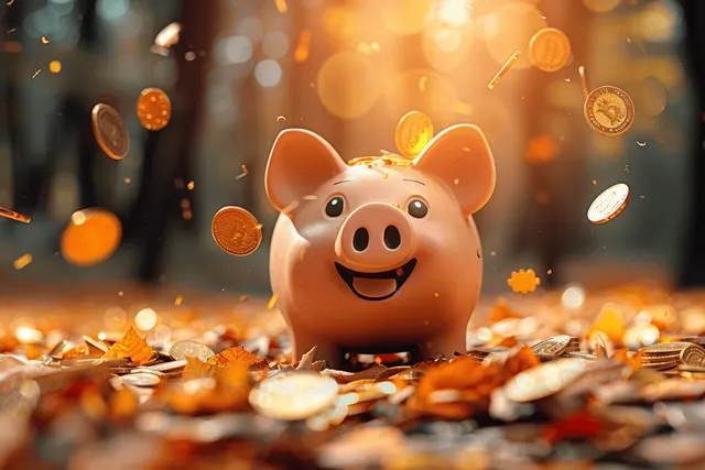 Smiling piggy bank surrounded by scattered golden coins with glowing coins falling in warm bokeh background.