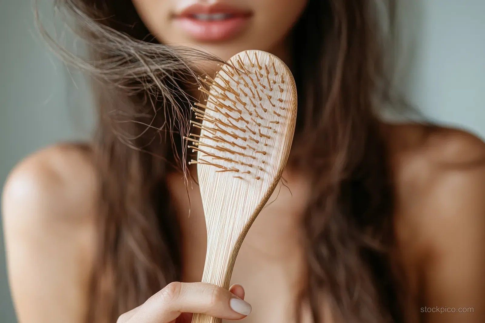 A worried young Asian woman holds a wooden hairbrush with tangled black hair.