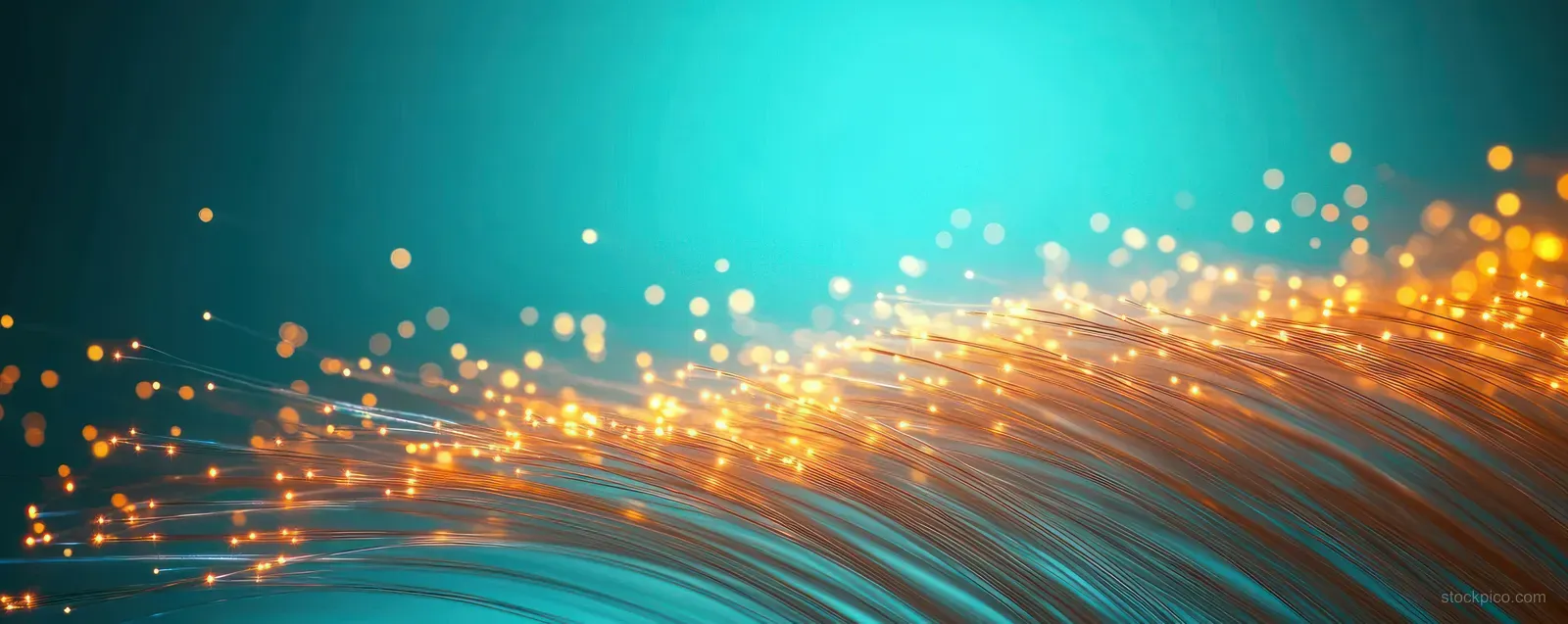 Orange glowing fiber optic lines arc across a blue abstract background with spark-like particles.