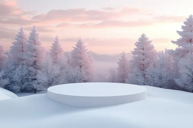 Minimalist snowy podium stage with soft pastel sunrise and frosted pine forest background