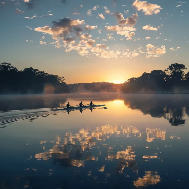A four-crew rowing boat glides on a calm lake during sunrise, with mirror-like reflections beneath a pastel sky.