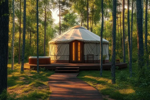 A round yurt on a wooden deck in a sunlit forest features an outdoor hot tub and a tranquil glamping pathway.