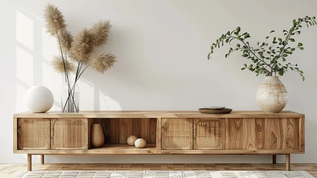Light wooden sideboard on a white wall holding two vases with dried grass and green leaves.