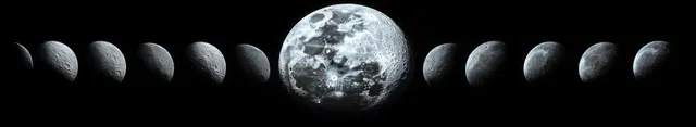 A series of moon phase images shows crescents, halves, and a full moon with crisp shadows on a black background.