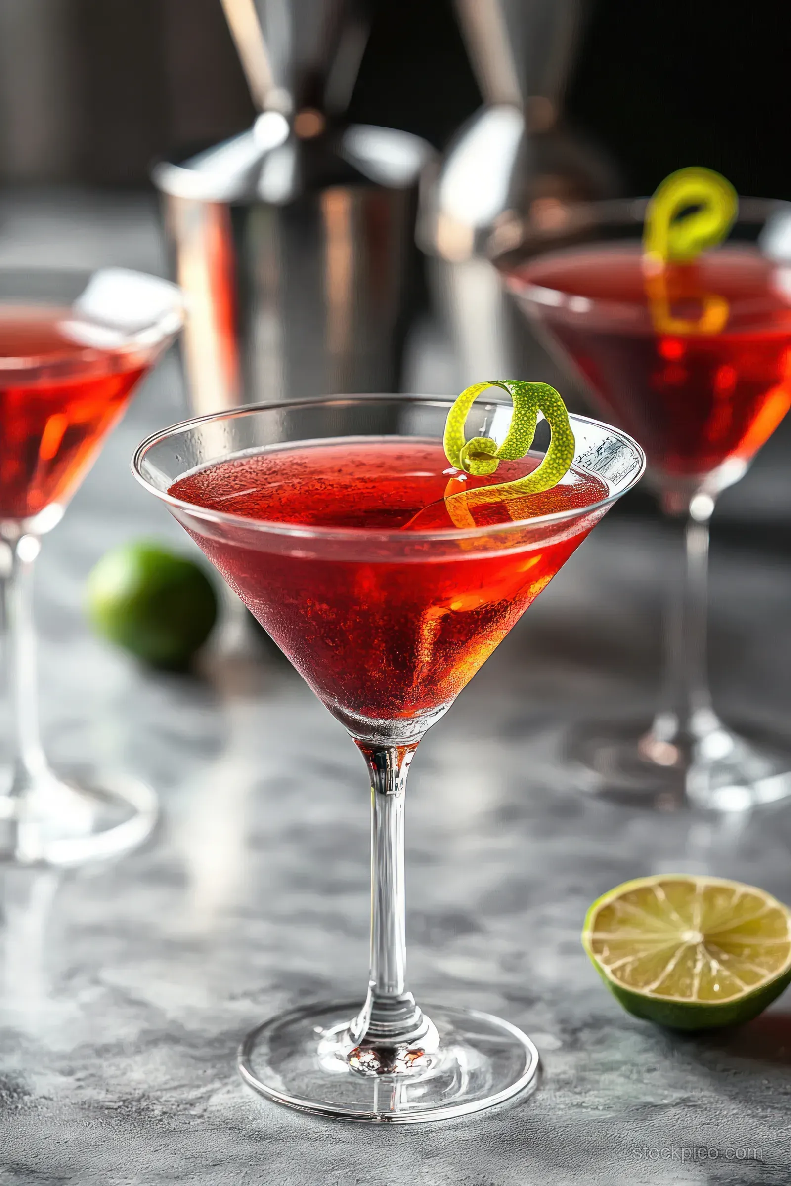 Three red martini cocktails with lime twist garnishes sit on a gray table with cocktail shakers blurred behind.