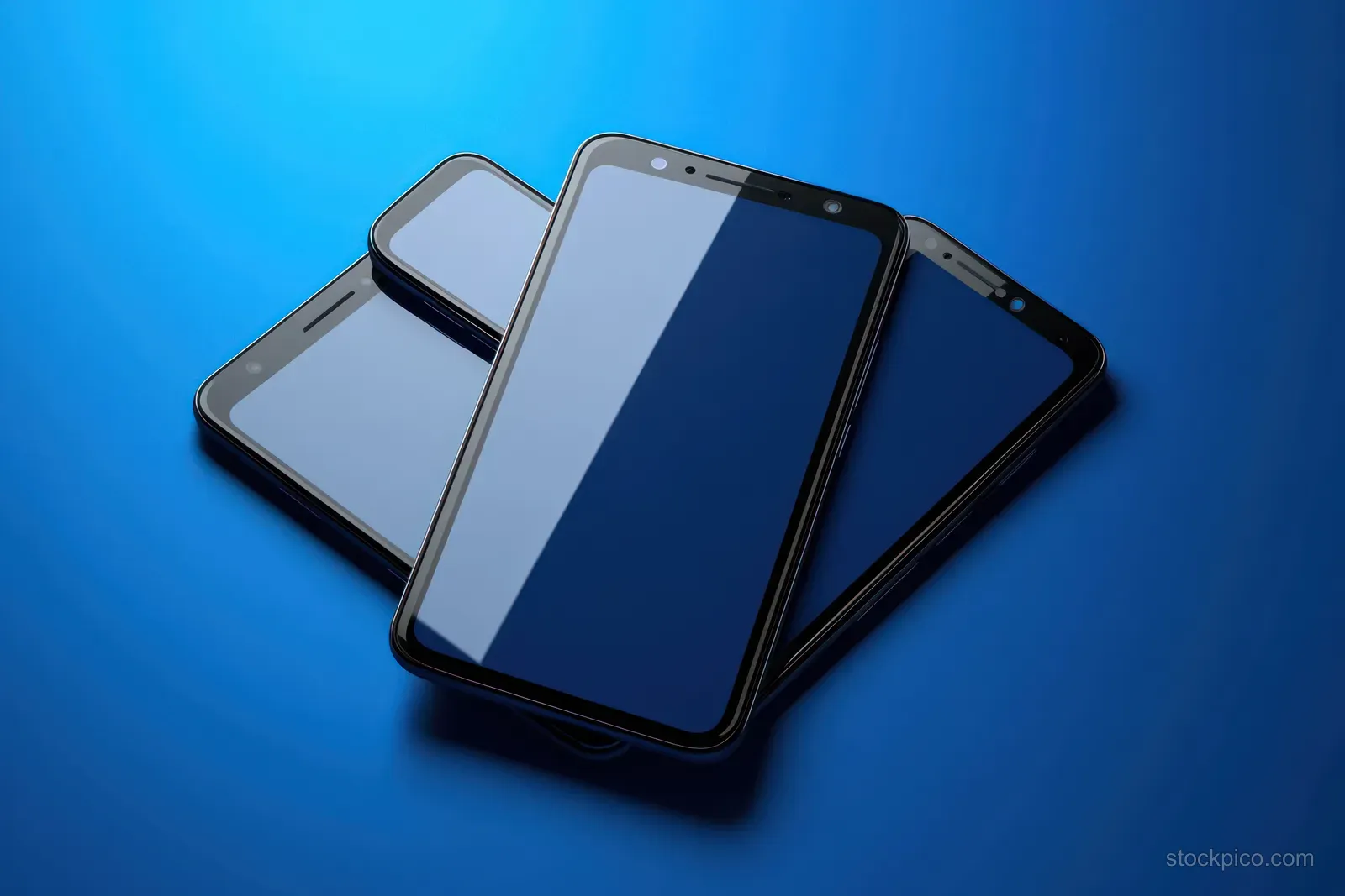 Four modern smartphones stacked together with reflective dark screens on a glossy blue surface.
