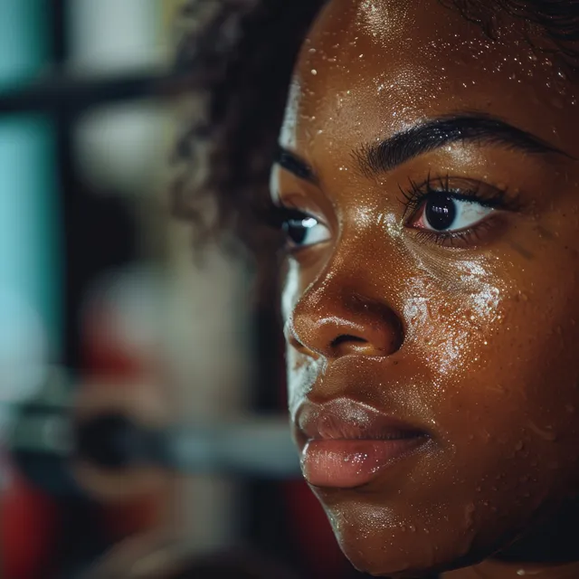An American female weightlifter drives an overhead barbell lift in a dim gym with sweat on her face.