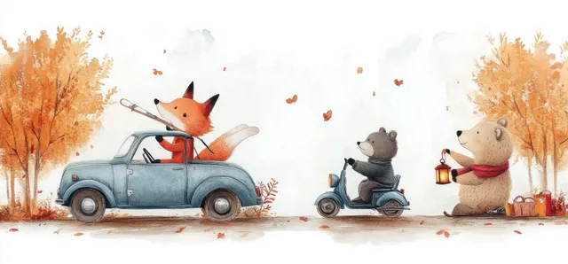 Watercolor fox and bear skiing playfully beside a vintage car and scooter in winter