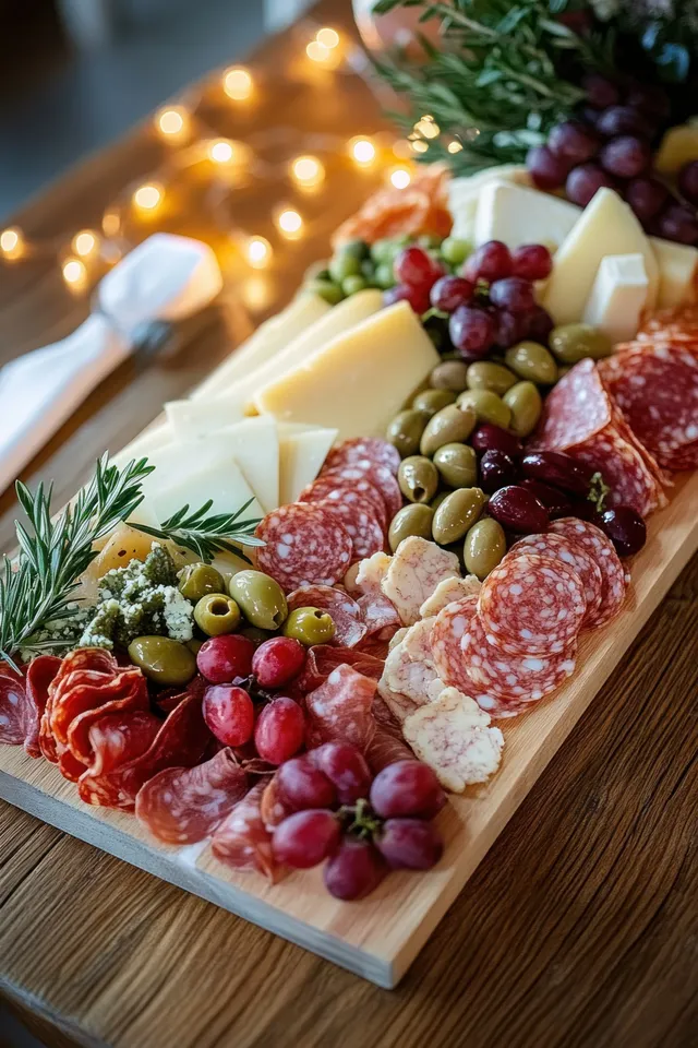 Wooden charcuterie board filled with cheese cubes, salami slices, olives, grapes, and fresh herbs under warm lights.