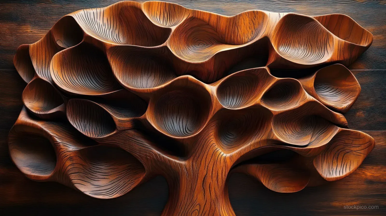 Carved wooden tree sculpture with hollow leaf-like shapes and deep flowing grooves on rich grain.