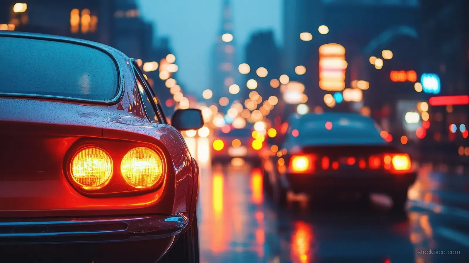 Red vintage car taillights glow on a wet rainy street at night with blurred traffic and streetlights in the background.