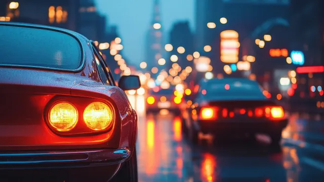 Red vintage car taillights glowing on wet rainy street at night, blurred traffic behind