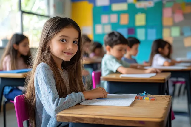 Student writing with pencil in classroom, smiling while classmates collaborate at desks