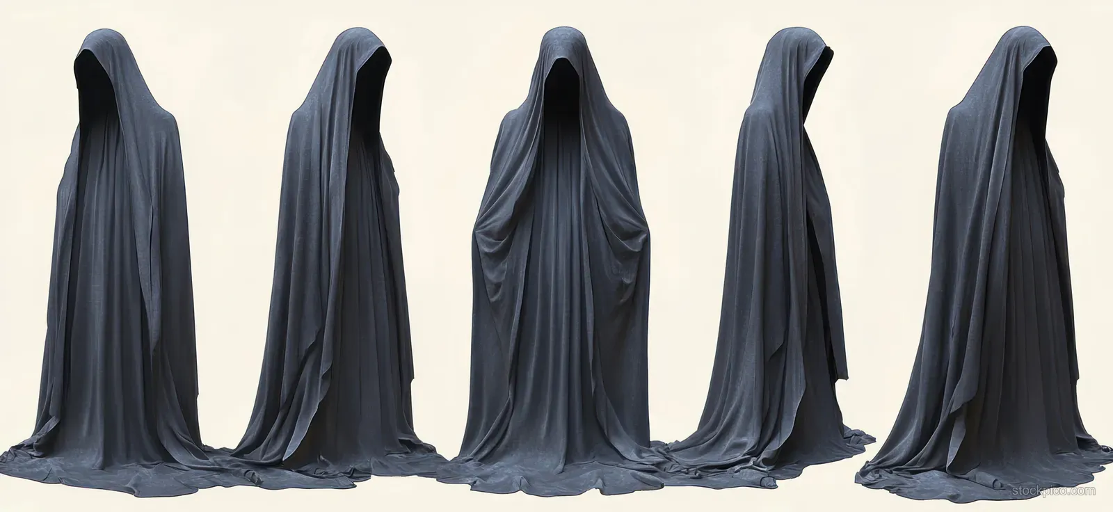 Five hooded figures in gray draped fabric stand in different poses with faces hidden against a pale background.