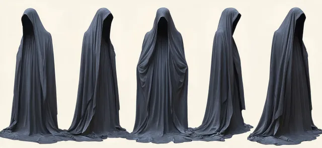 Five hooded figures in gray draped fabric stand in different poses with faces hidden against a pale background.