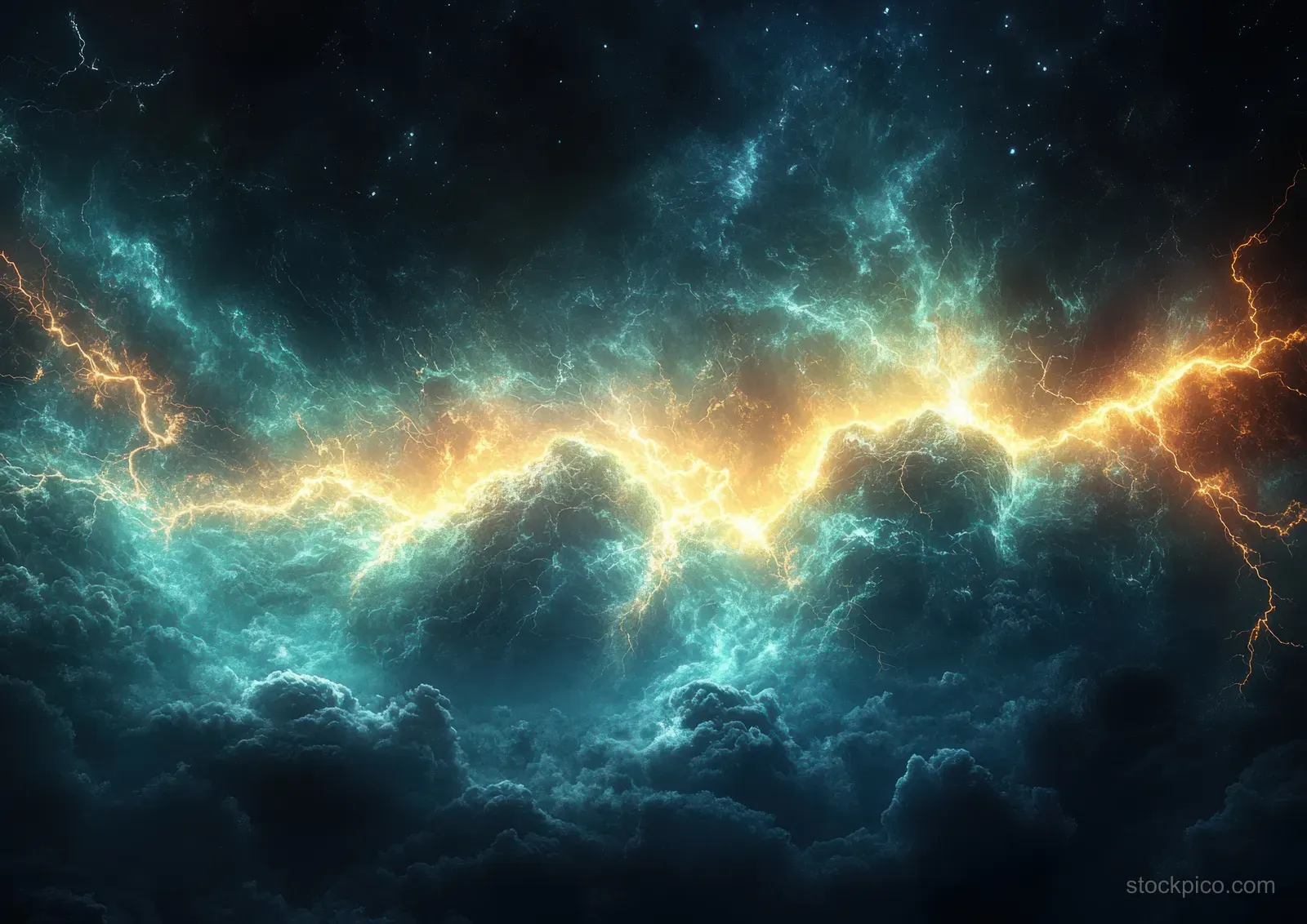 Glowing green lightning forks through dark clouds in a fractal abstract storm sky.