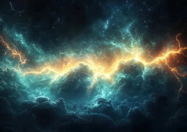 Glowing green lightning forks through dark clouds in a fractal abstract storm sky.