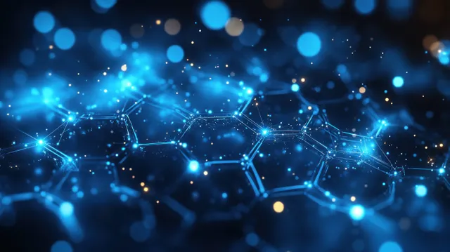 Blue glowing hexagon network with floating light particles on a dark abstract background.
