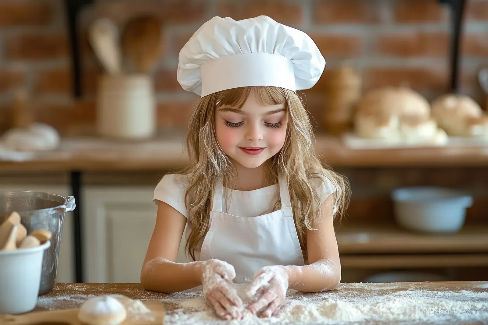 Young girl in a chef hat kneads flour-dusted dough on a countertop while smiling in a cozy kitchen.