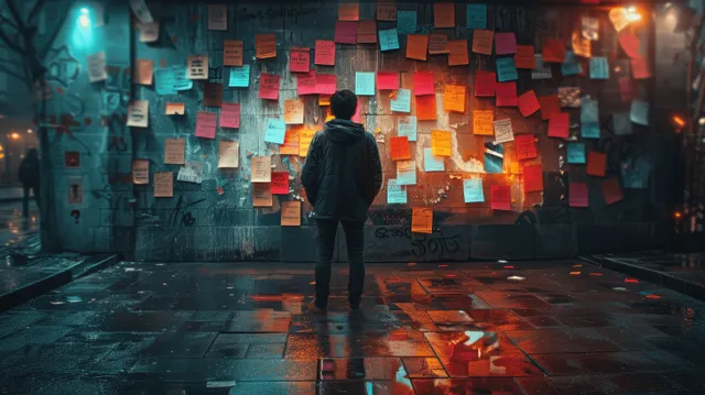 An executive stands in a dark office facing a wall of colorful sticky notes under dramatic teal and orange light.