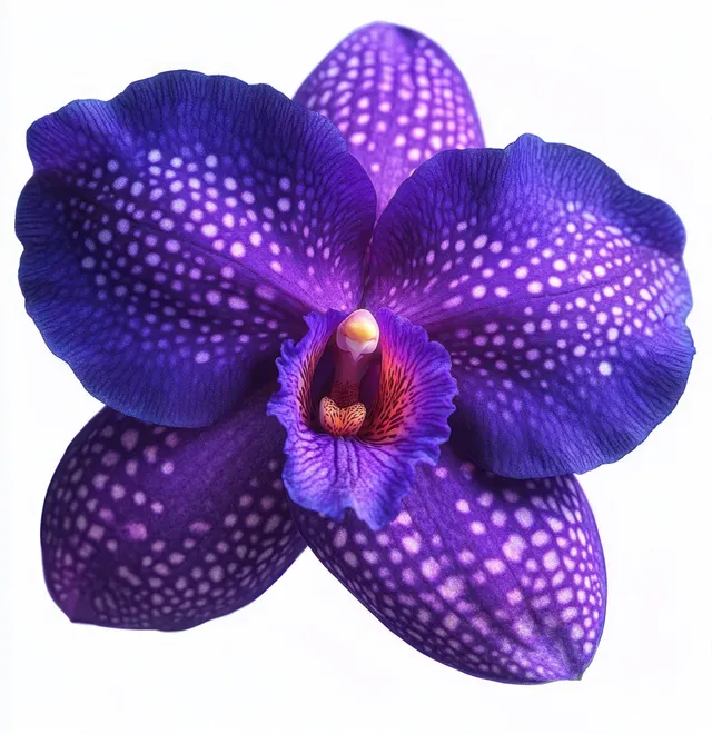 Close-up purple orchid bloom with white speckled petals and textured center on clean background