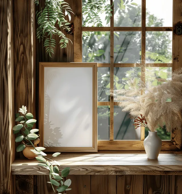 A4 photo frame mockup on wooden window ledge with greenery outside and soft daylight