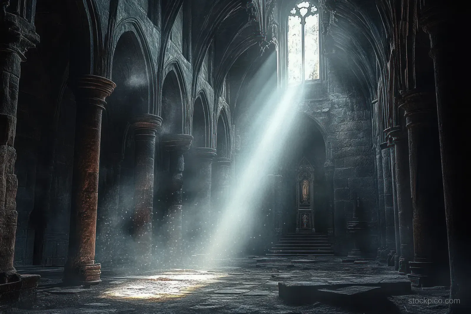Sunlight beams from a stained glass window illuminate a dark cathedral aisle with drifting dust in the air.