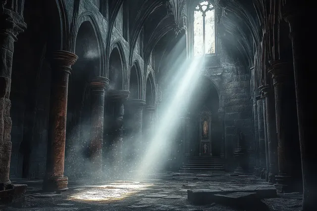 Sunlight beams from a stained glass window illuminate a dark cathedral aisle with drifting dust in the air.
