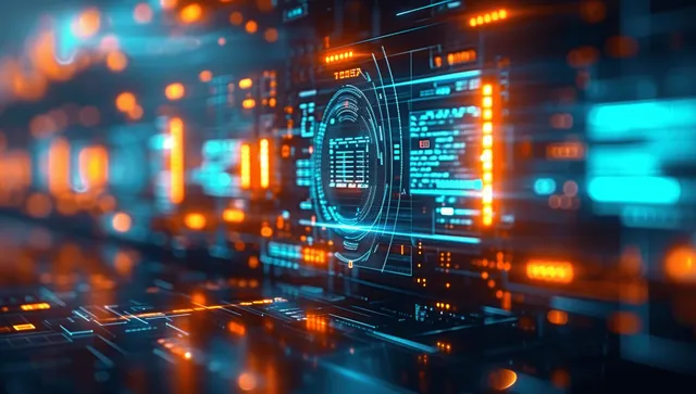 Futuristic compliance dashboard overlays with glowing lock icon on server data streams