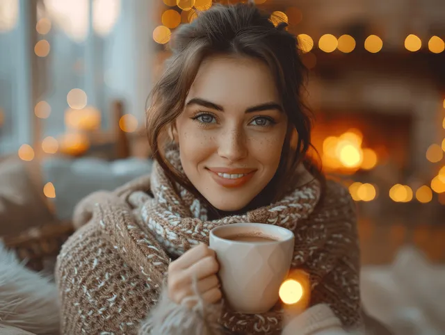 Smiling woman sipping hot tea by fireplace wrapped in knitted blanket with candle glow