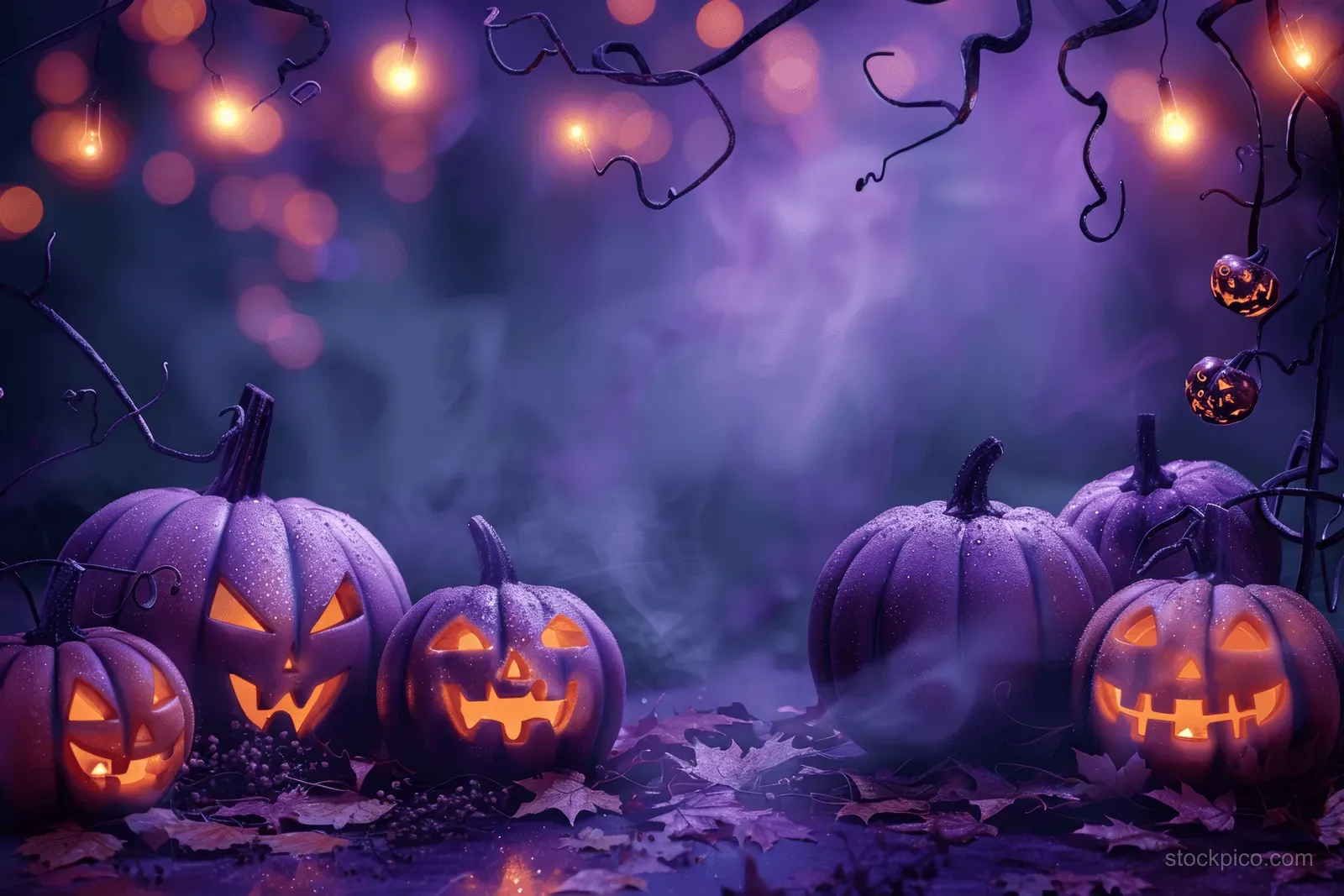 Glowing jack-o’-lanterns sit in misty ground as twisted branches and hanging bats frame the Halloween night.
