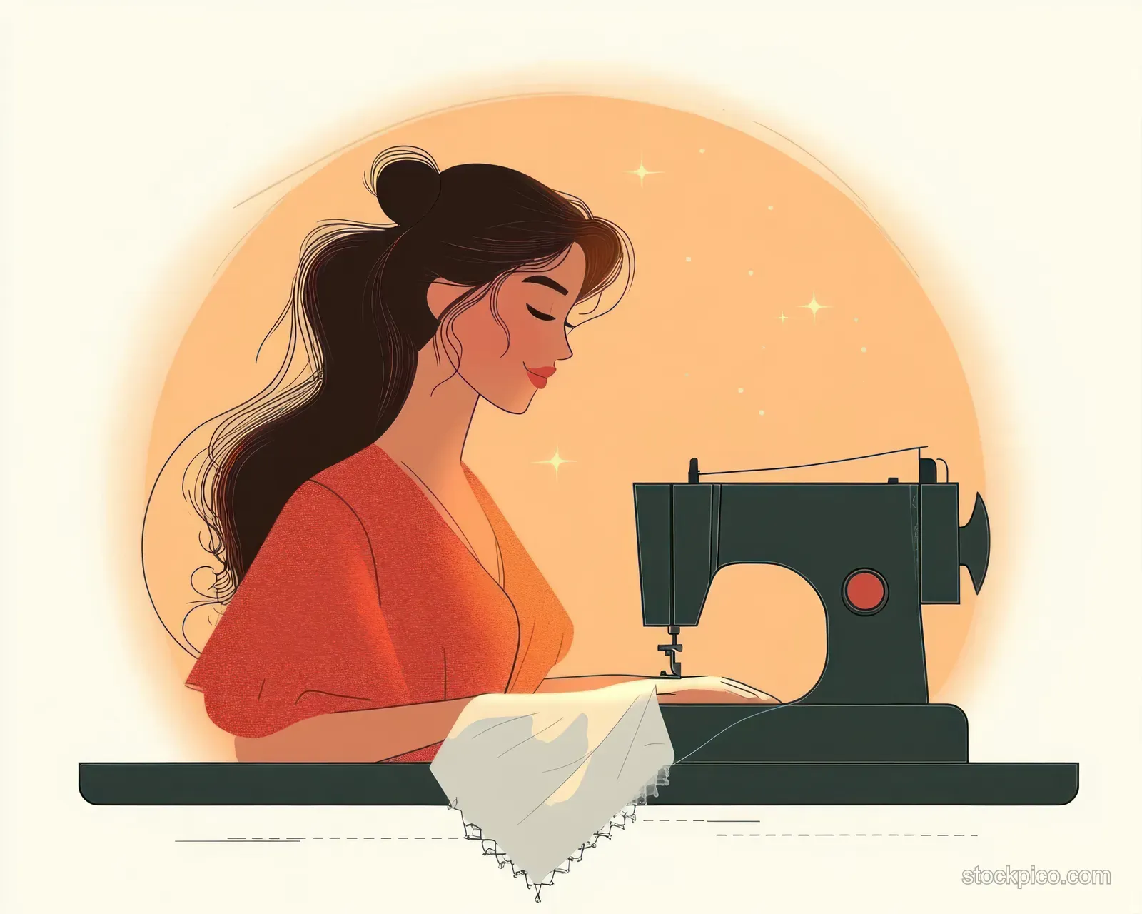 A focused woman sews fabric on a sewing machine with a warm glowing background behind her.