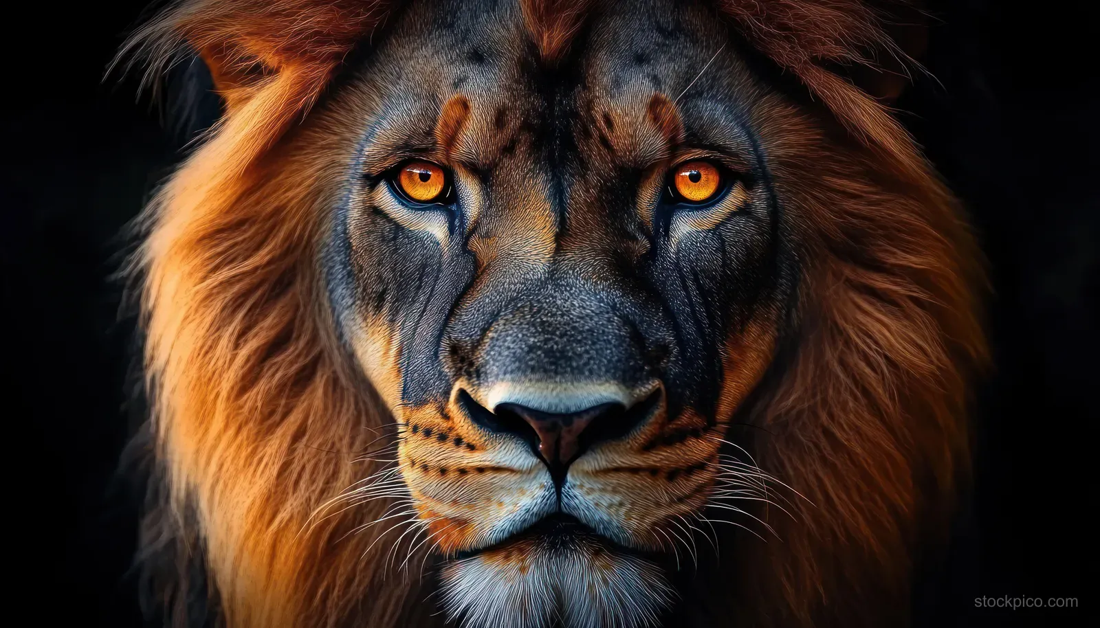 A lion’s face fills the frame, showing amber eyes and textured mane against a dark background.