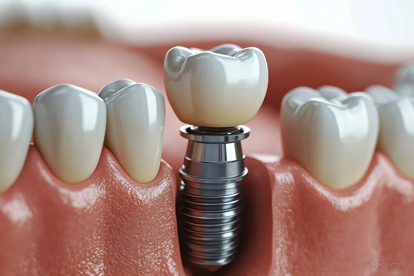 Ceramic dental crown sits on a titanium implant fixture between natural teeth in a close-up jaw view.
