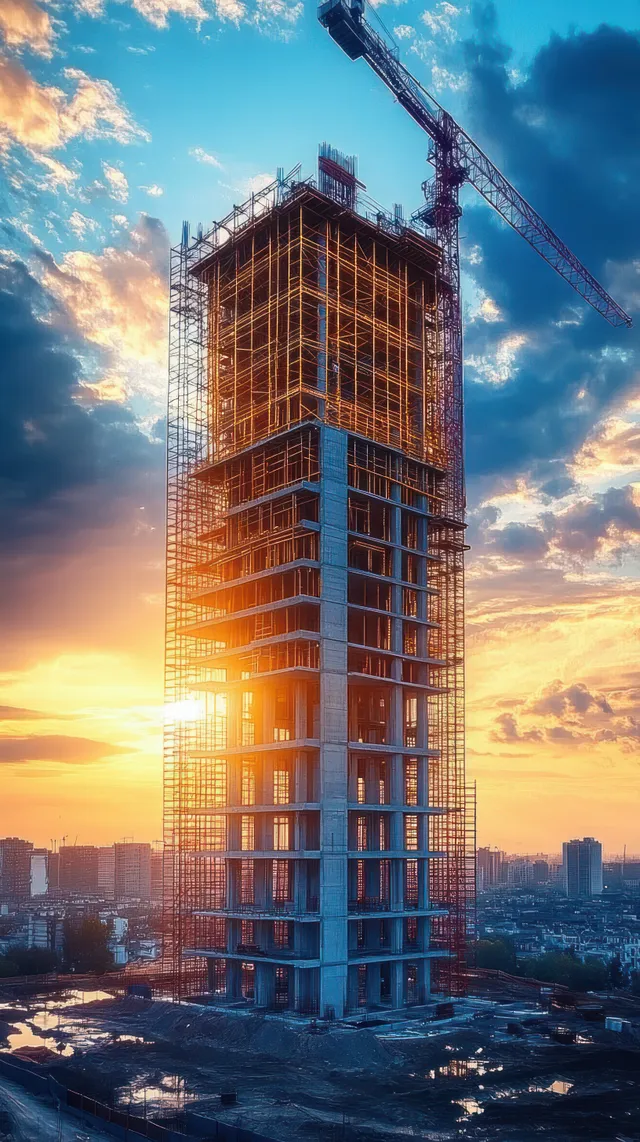 Crane lifts steel at high-rise construction site during sunset city skyline